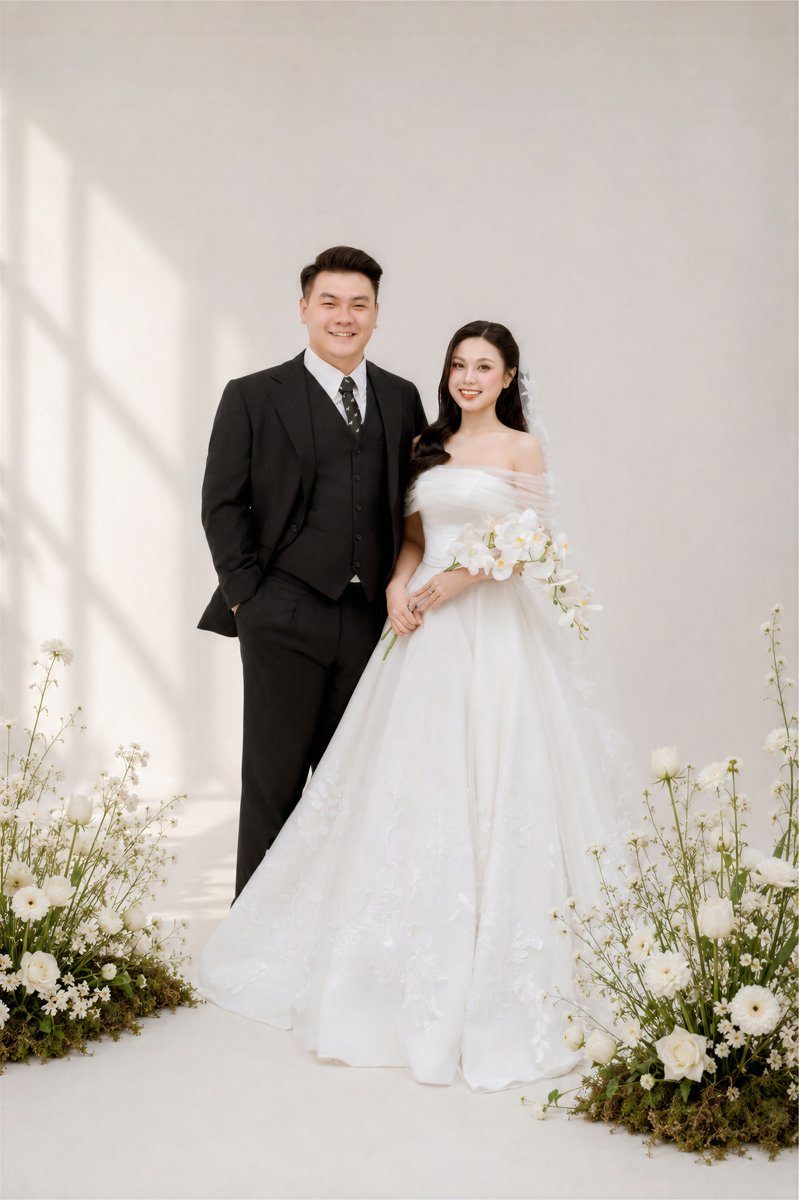 Ảnh cưới studio tối giản, khách thật của Hi.in Wedding