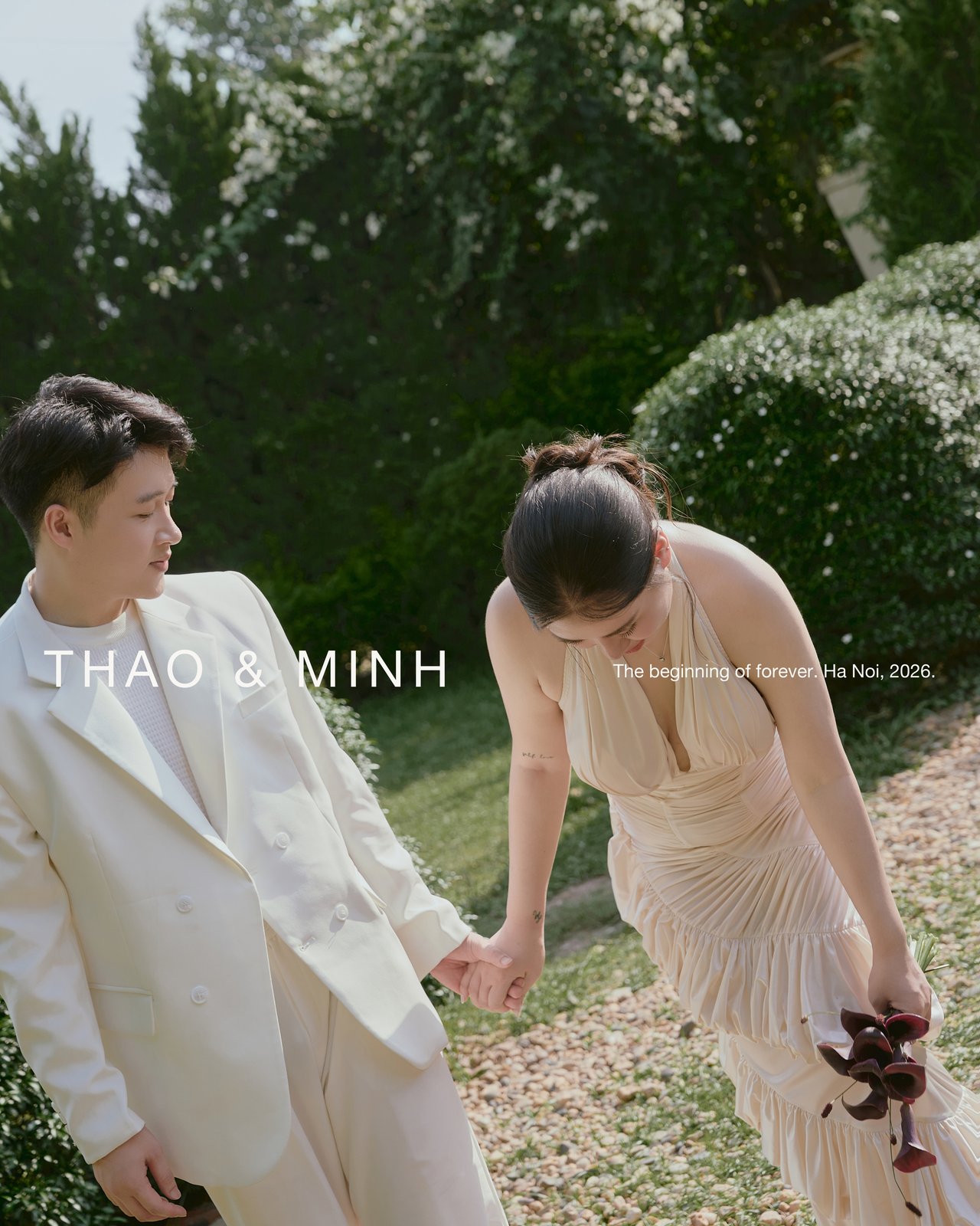 Couple walking through a classical garden estate, destination pre-wedding photography Vietnam