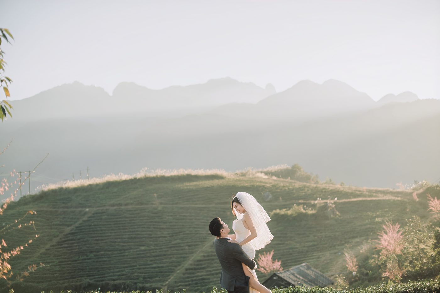 Cặp đôi nhỏ giữa đồi chè mênh mông sương sớm Sapa