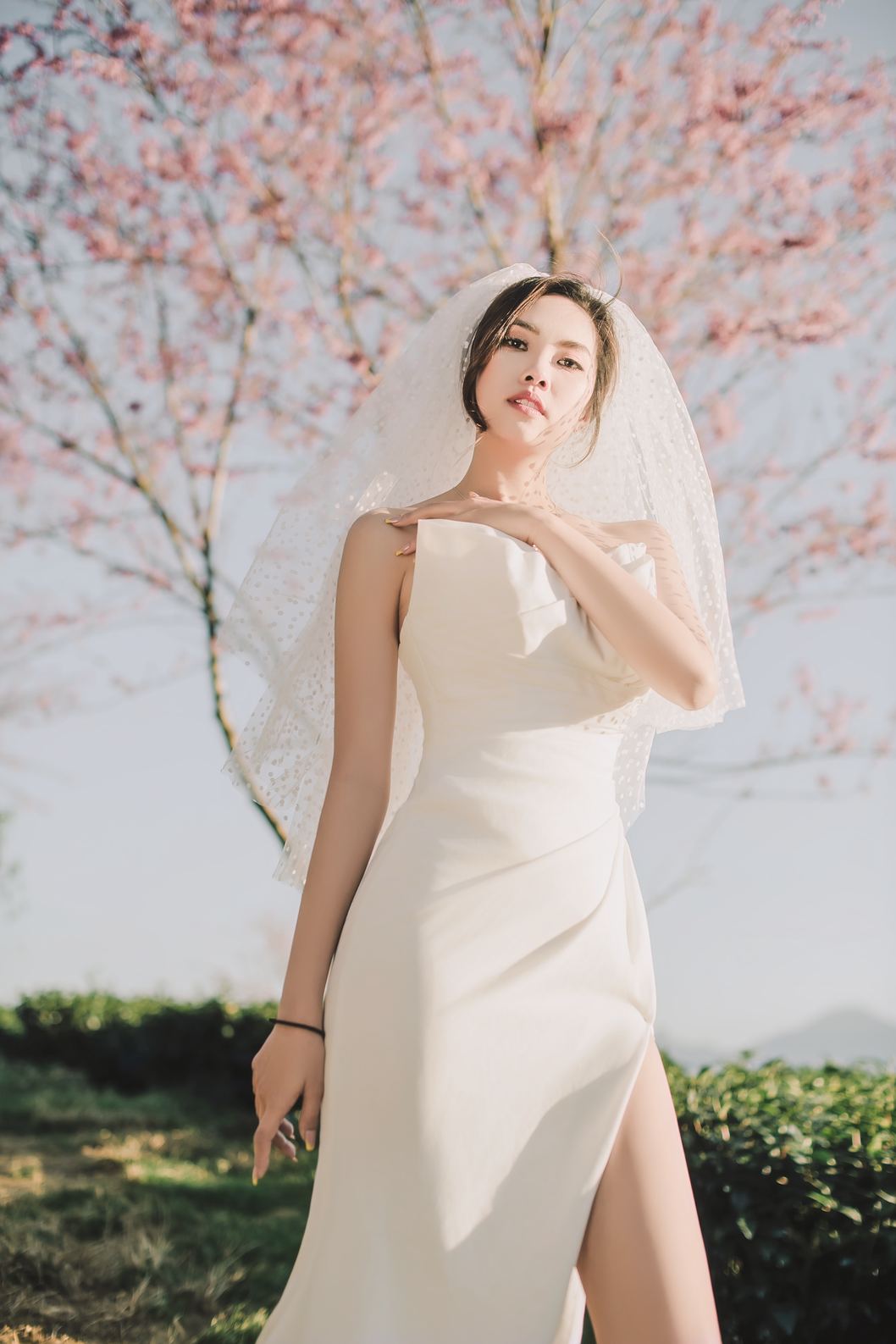Cô dâu váy trắng đứng dưới tán hoa đào nở, chụp ảnh cưới Sapa