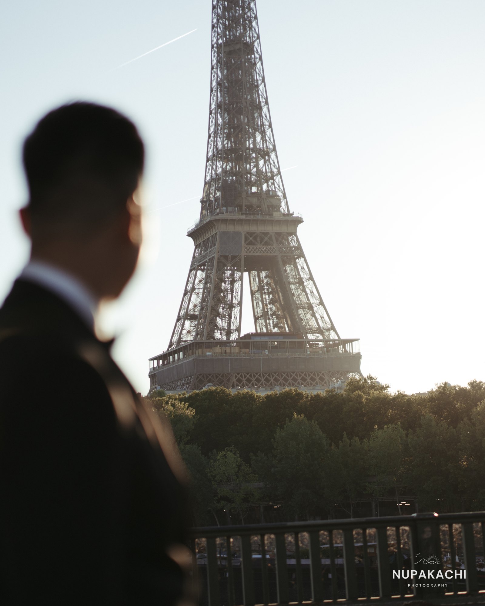 Groom silhouette with Eiffel Tower at sunset, Paris fine art