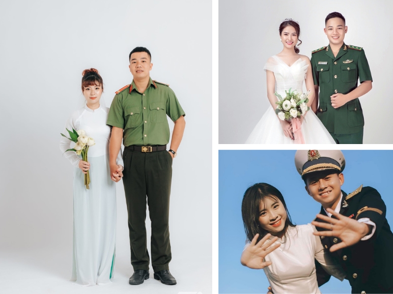 Tạo dáng chụp hình đứng khi chụp ảnh cưới với quân phục